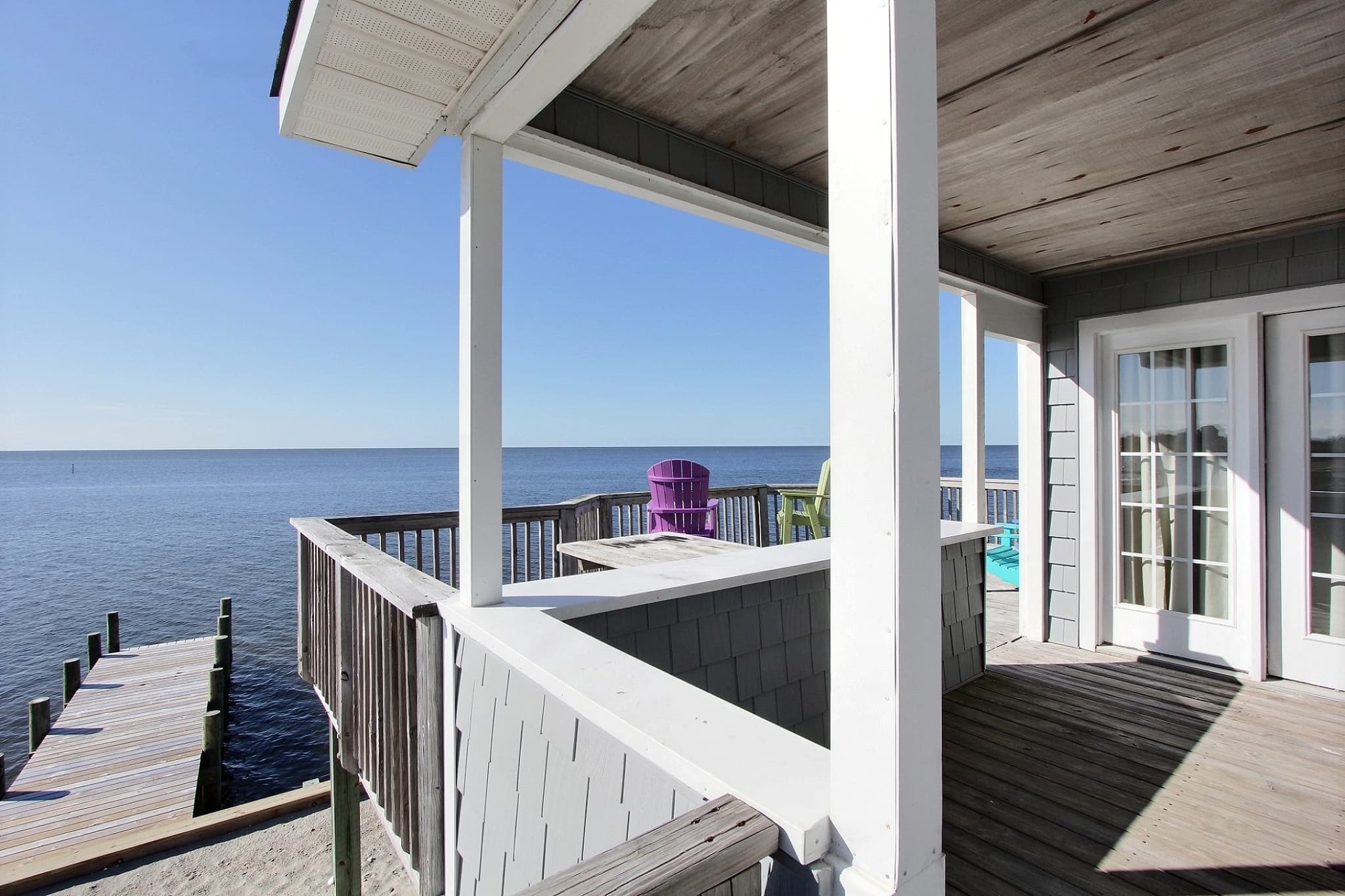 Covered deck looking over the dock and Pamlico Sound